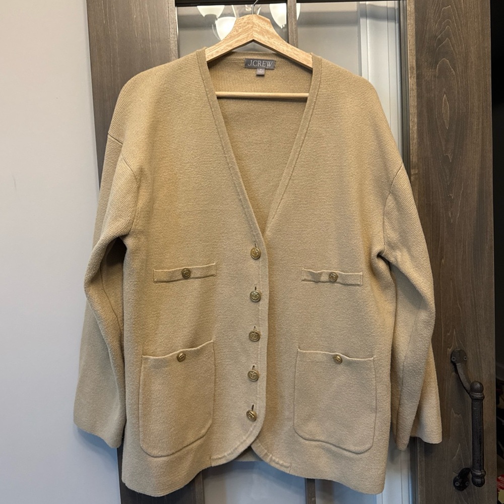 J. Crew Gold‎ Buttons Long V-Neck Cardigan Womens Camel Cotton Relaxed Oversized